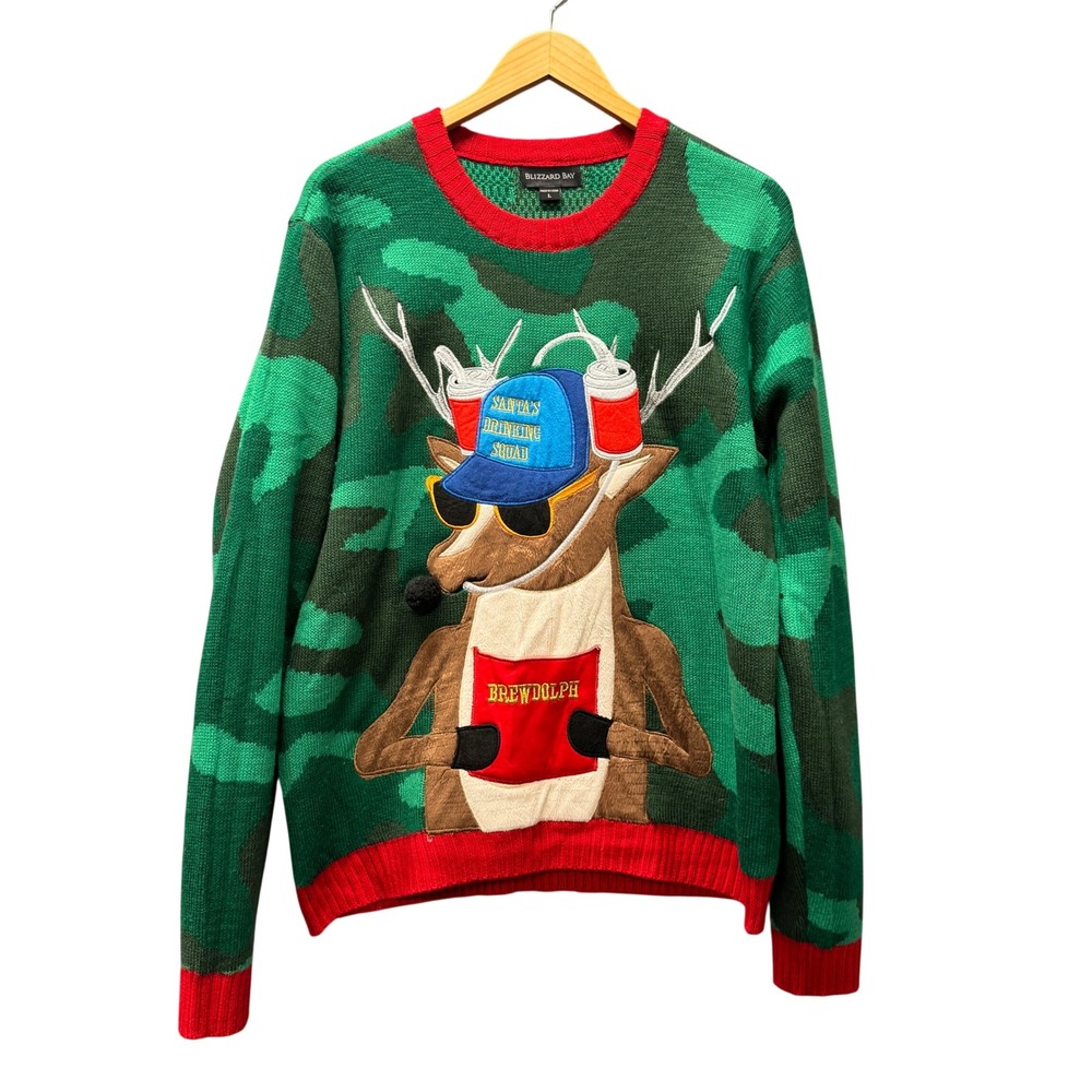 Blizzard Bay Sweater Mens Large Brewdolph Green Camo Ugly Christmas Pullover